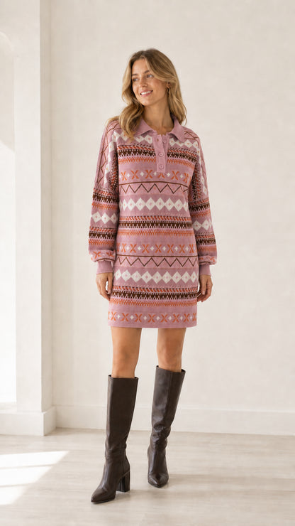 Model wearing dusty pink geometric pattern long sleeve polo knit sweater dress