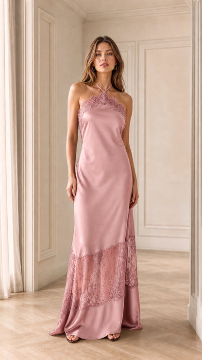 Dusty pink satin halter maxi dress with delicate lace details