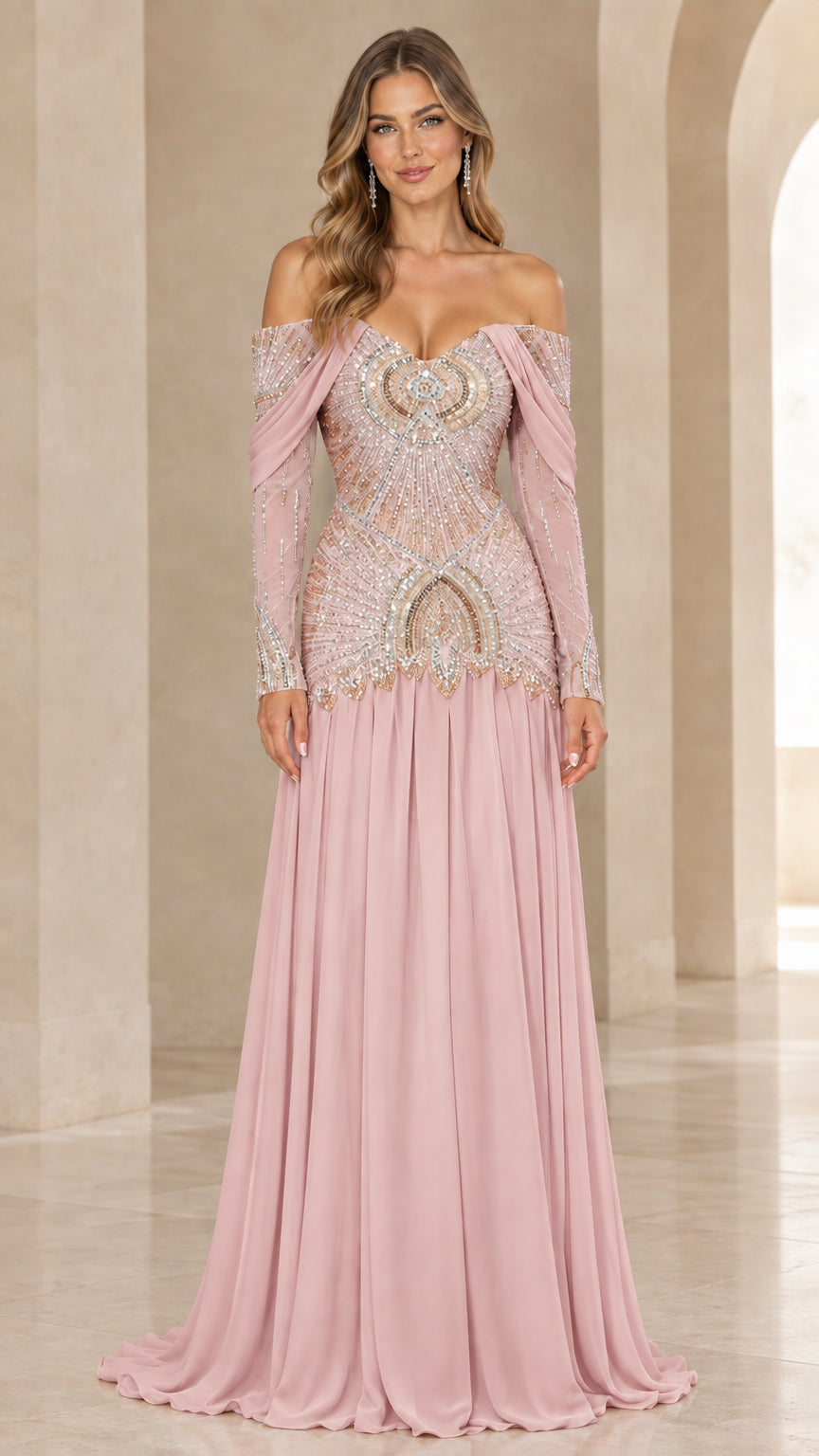 Front view of dusty pink beaded formal evening gown
