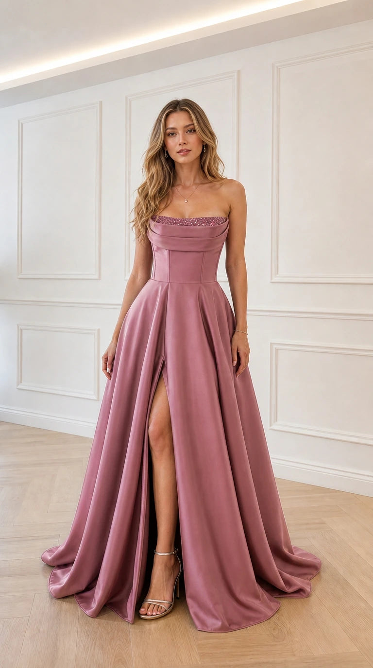 Model wearing mauve satin strapless evening gown