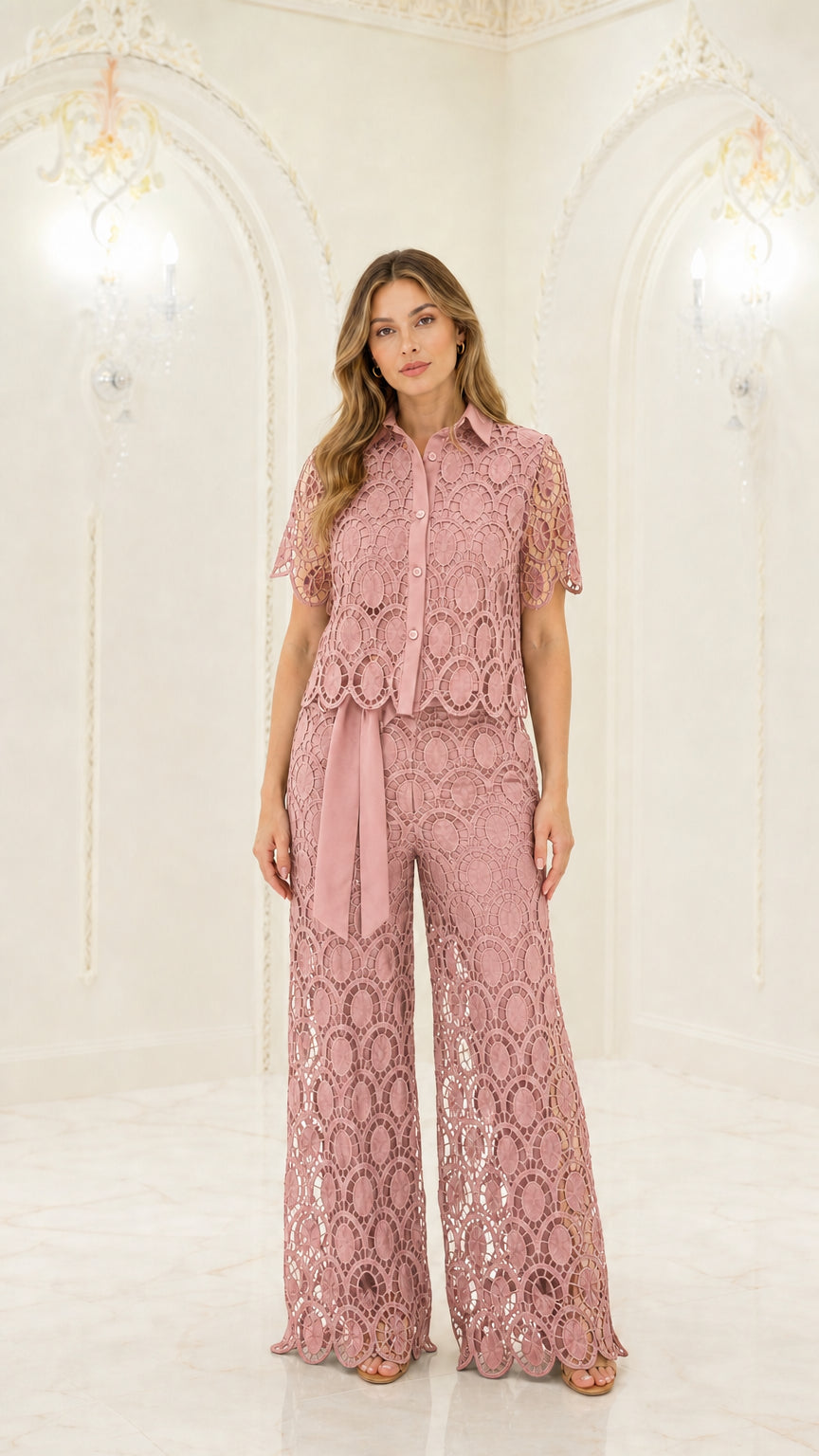 Dusty rose pink geometric lace collared shirt and wide-leg pants matching set