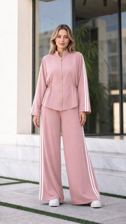 Women's Blush Pink two-piece tracksuit set with white side stripes