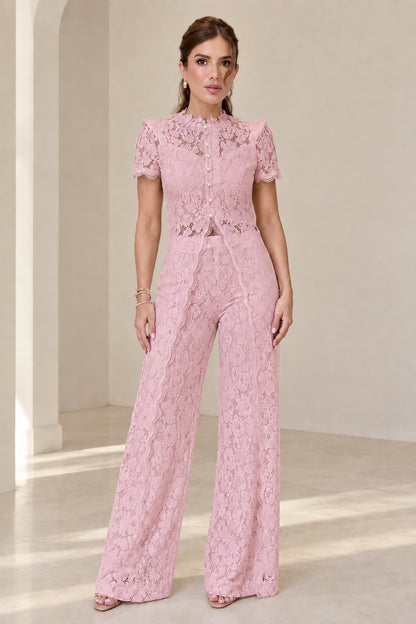 Model wearing blush pink floral lace two-piece pant suit set