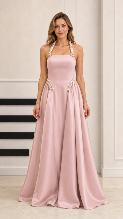 Blush pink satin halter formal dress with pearl-trimmed waist