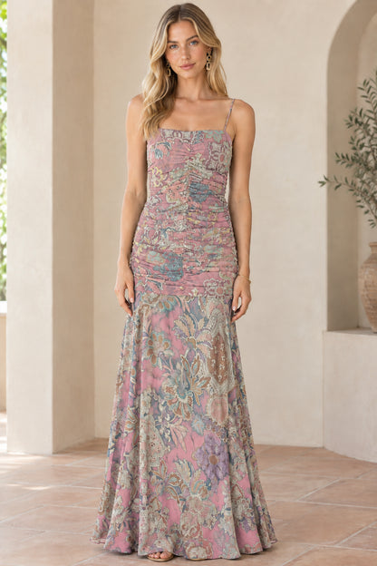 Front view of dusty pink floral ruched spaghetti strap maxi dress