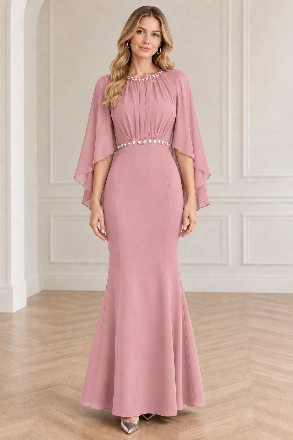 Blush pink elegant cape sleeve formal evening gown