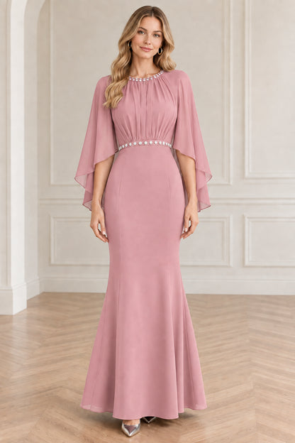 Blush pink elegant cape sleeve formal evening gown