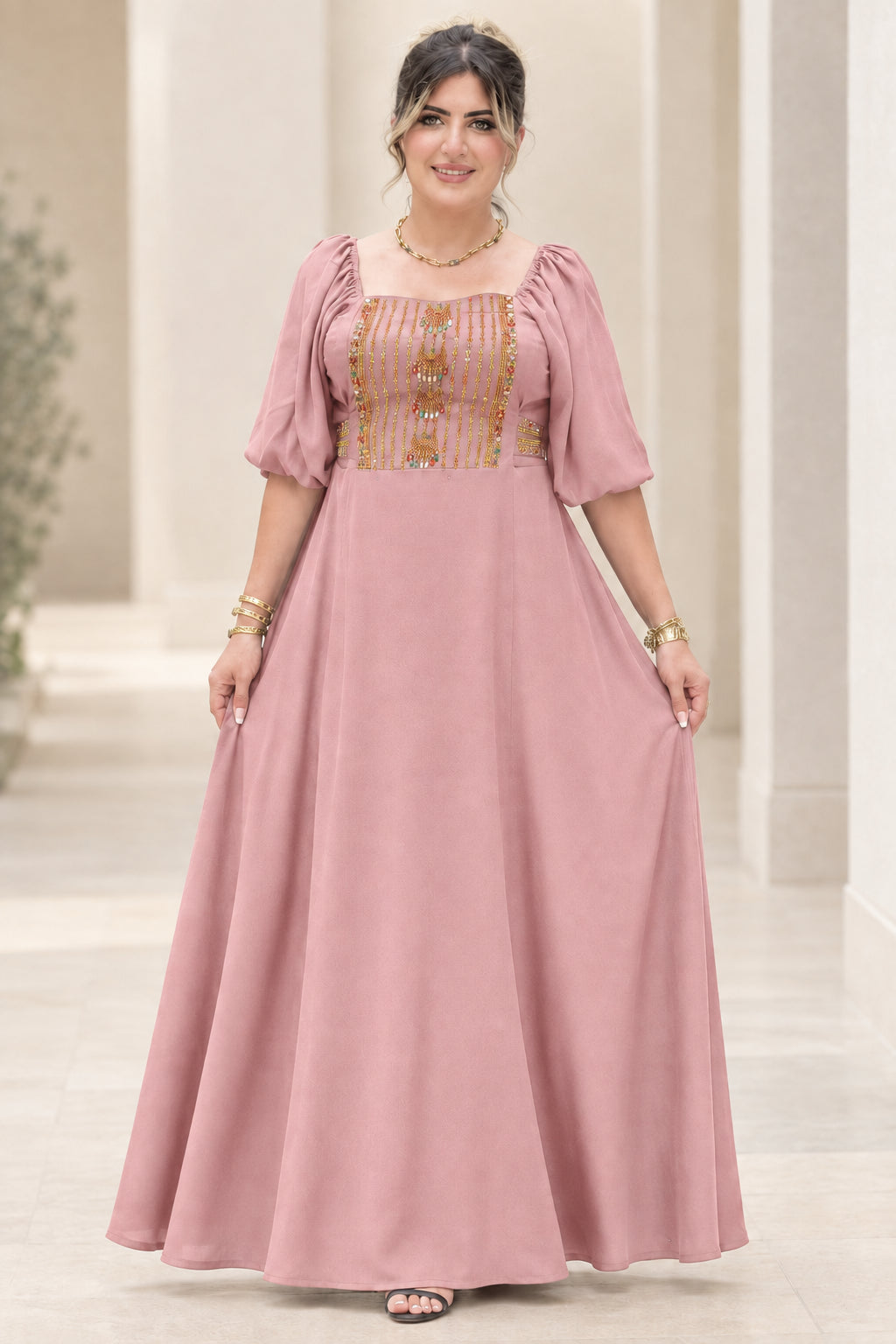 Front view of dusty pink embroidered square neck puff sleeve maxi dress