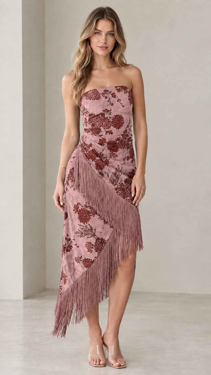 Dusty Rose strapless floral midi dress with matching fringe hem trim