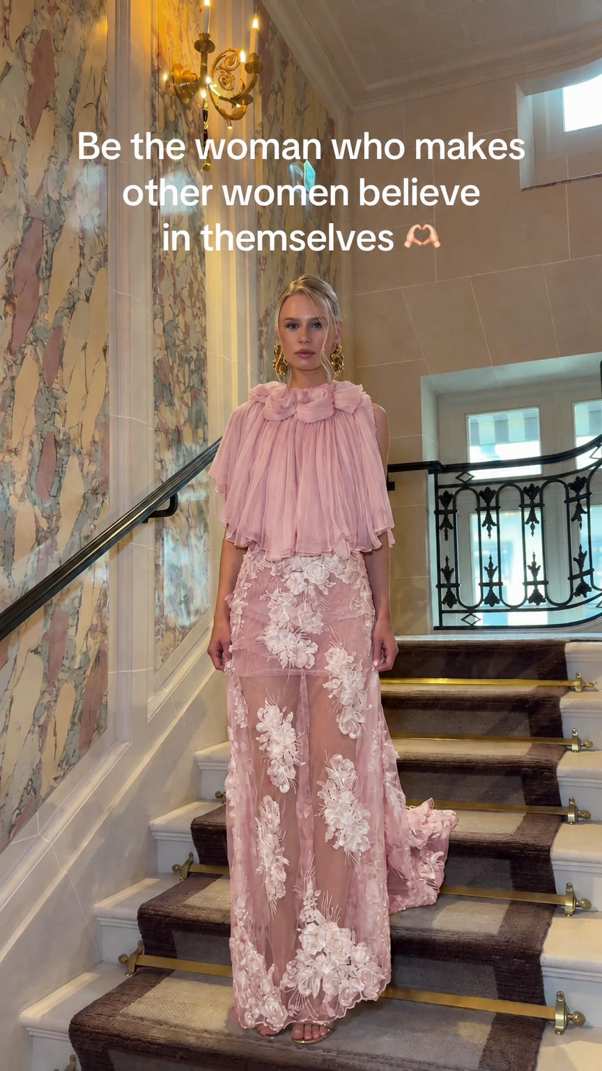 Blush Pink pleated capelet floral embroidered sheer maxi gown