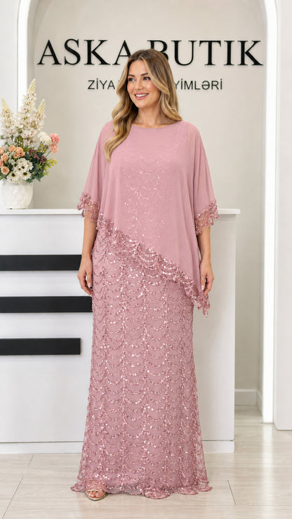Dusty pink sequined formal dress with asymmetric capelet