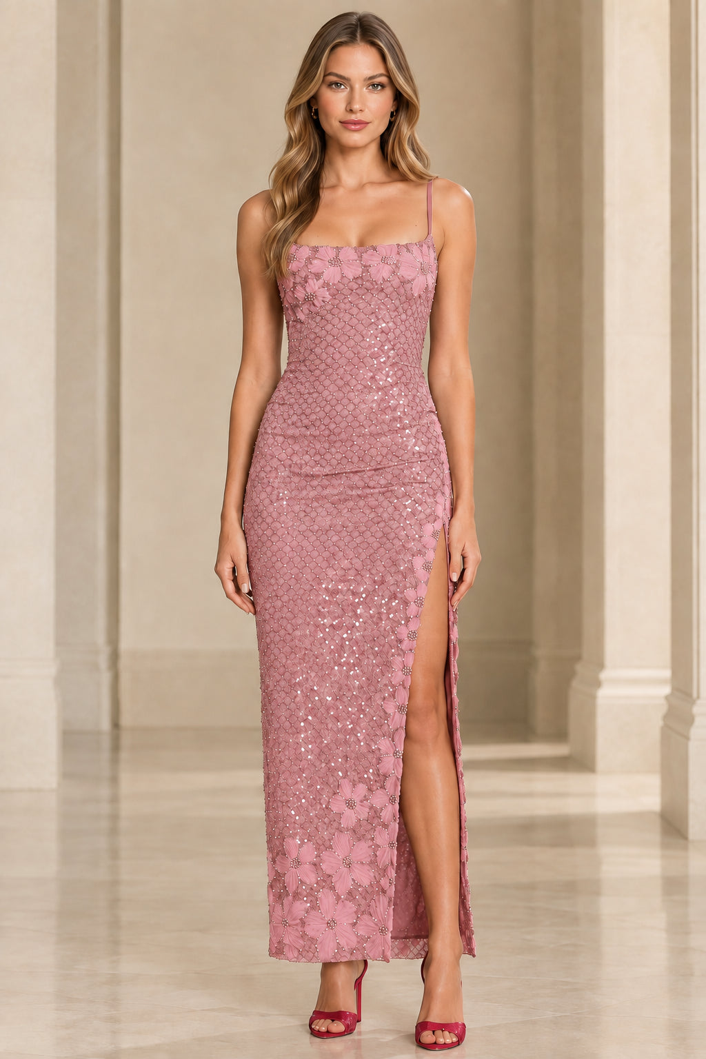 Front view of woman wearing dusty pink floral sequin floor-length gown