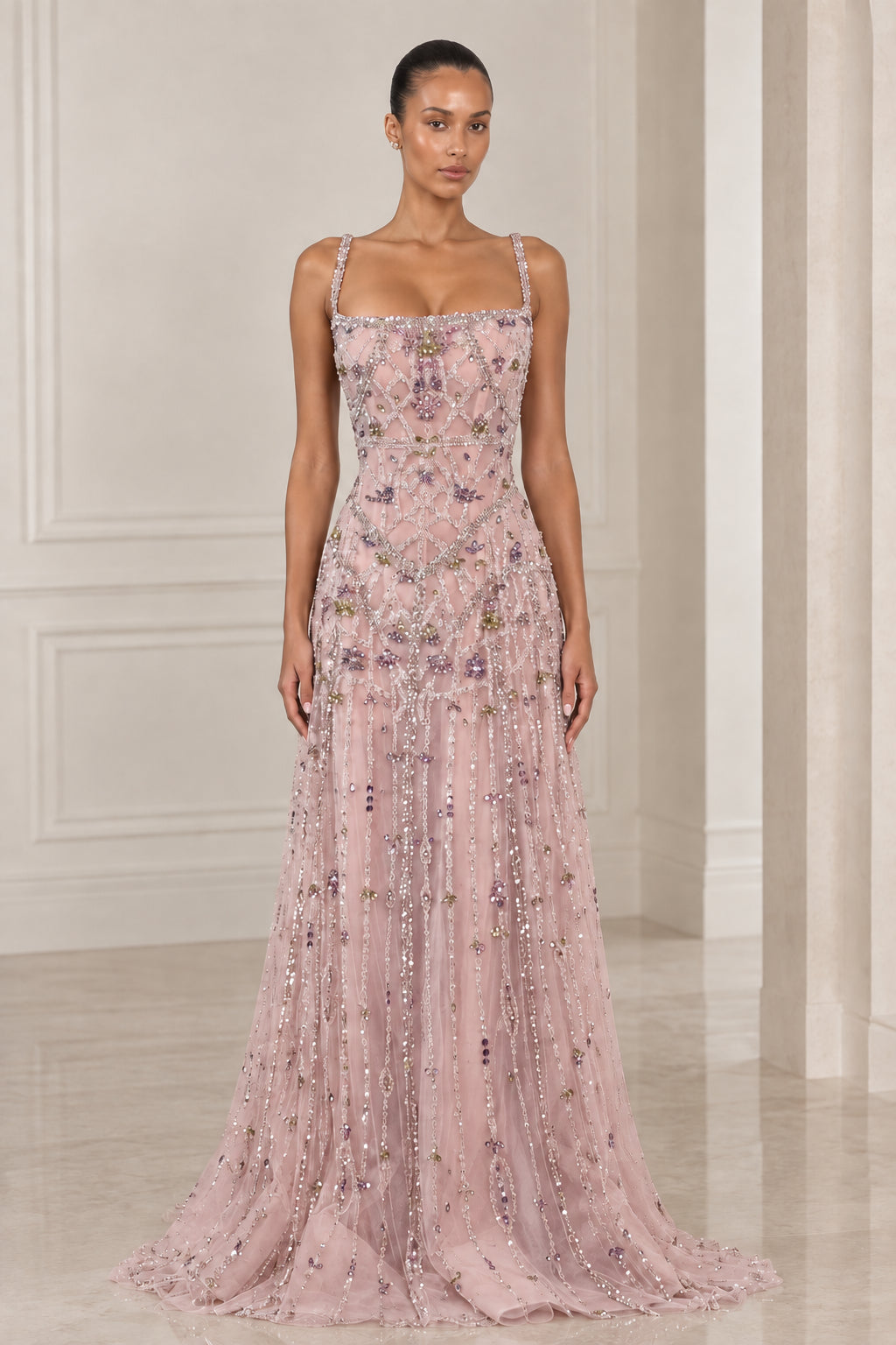 Front view of model wearing Dusty Pink floral beaded square neck maxi dress