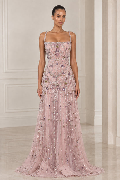 Front view of model wearing Dusty Pink floral beaded square neck maxi dress