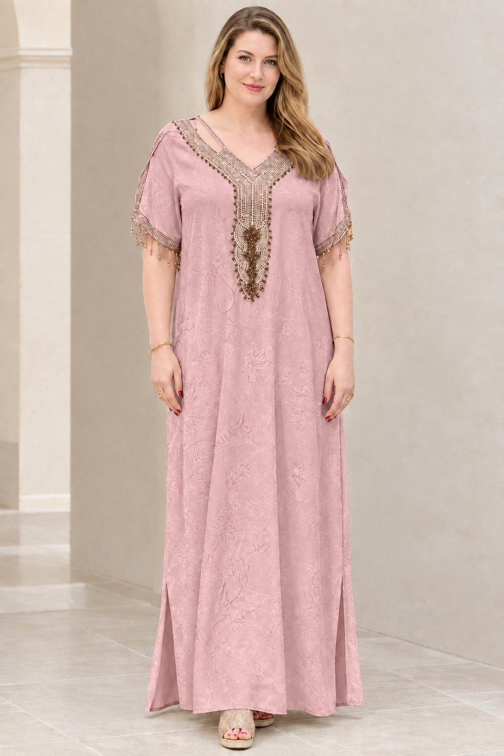 Front view of dusty rose pink beaded jacquard kaftan maxi dress