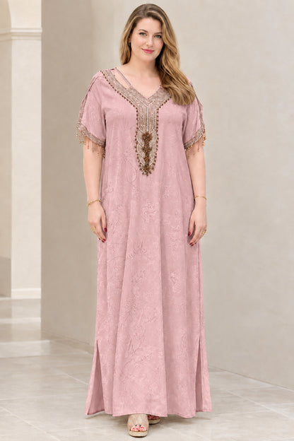 Front view of dusty rose pink beaded jacquard kaftan maxi dress