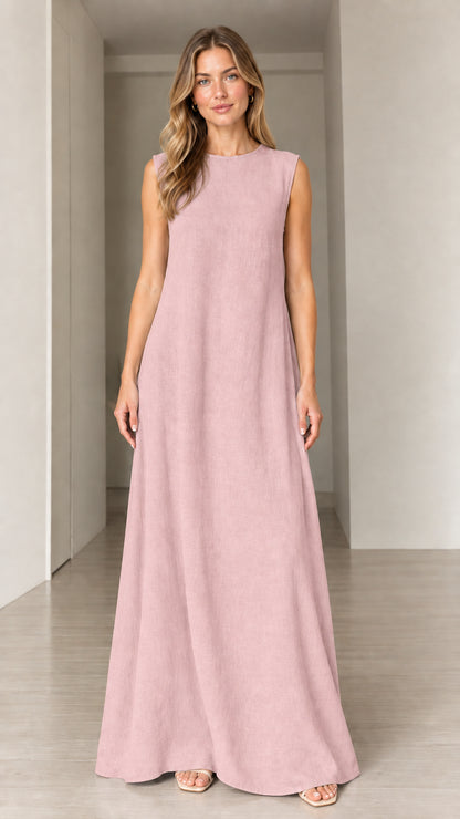 Front view of woman wearing Dusty Pink sleeveless crewneck maxi dress