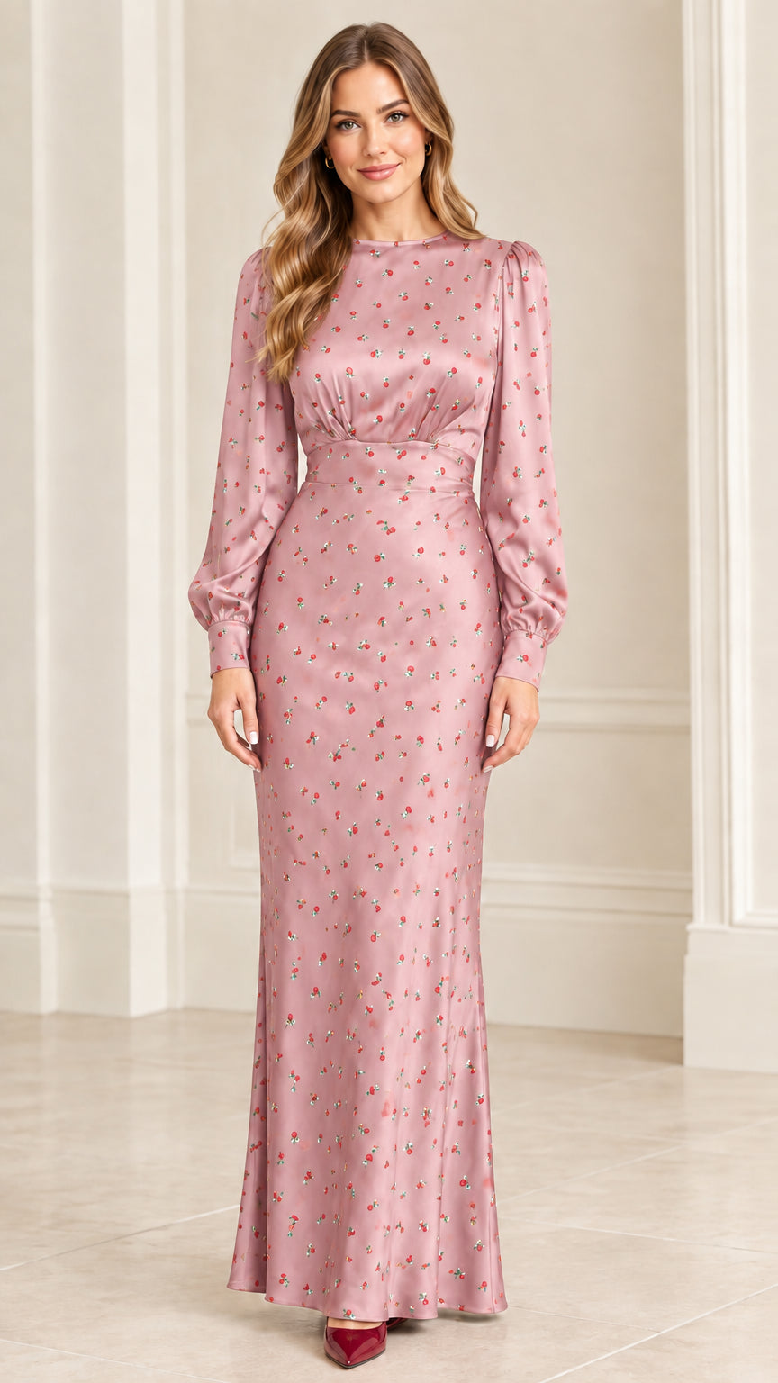 Front full-length view of dusty pink satin floral maxi dress