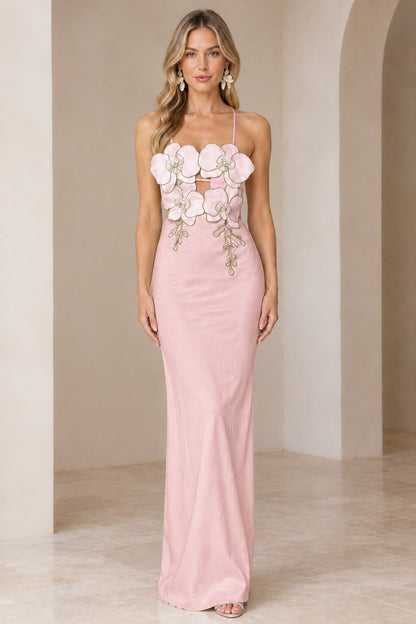 Front view of model wearing Blush Pink floral applique slip maxi dress