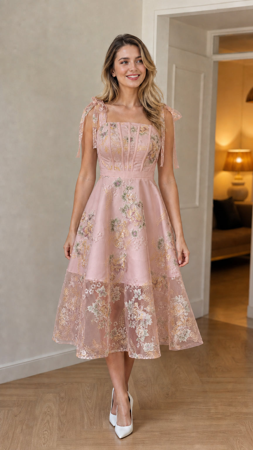 Blush pink floral embroidered tie-strap midi dress on model