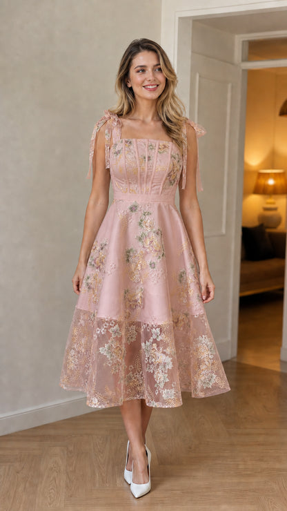 Blush pink floral embroidered tie-strap midi dress on model