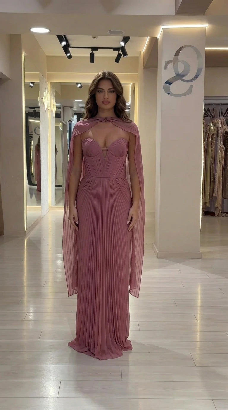 Dusty Rose Pleated Sweetheart Formal Cape Gown