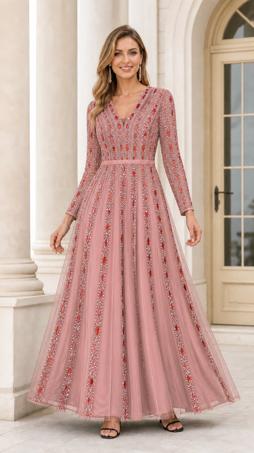Full length view of Dusty Pink embellished long sleeve tulle evening gown