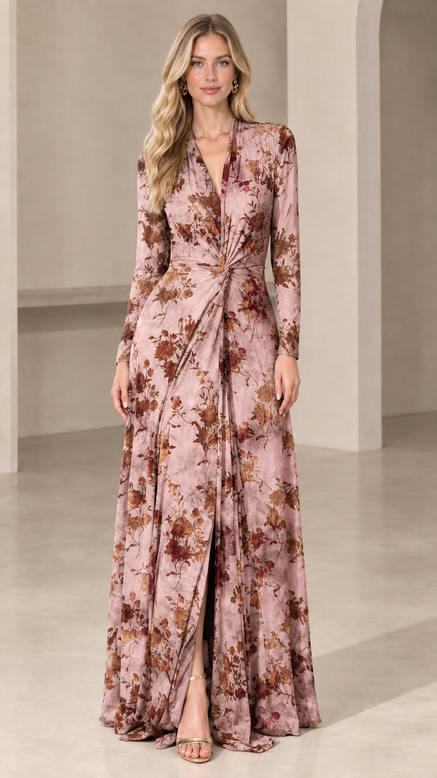Front view of woman wearing dusty pink floral long sleeve twist-front maxi dress