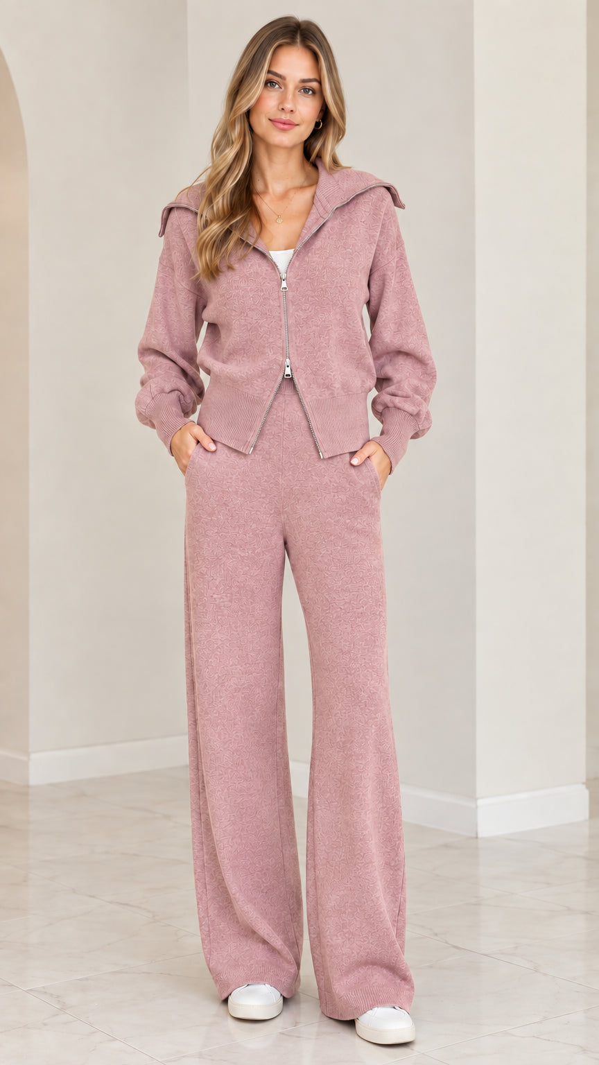 Front view of woman wearing dusty pink 2-piece knit loungewear set