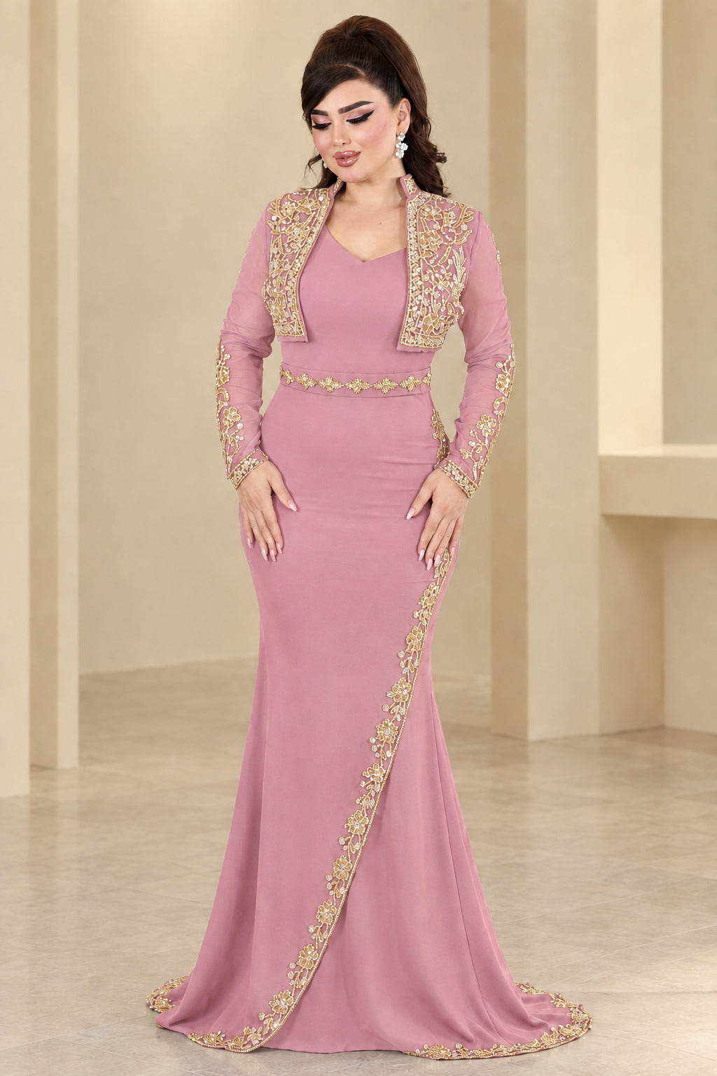 Dusty rose pink formal evening gown with matching gold embroidered bolero jacket