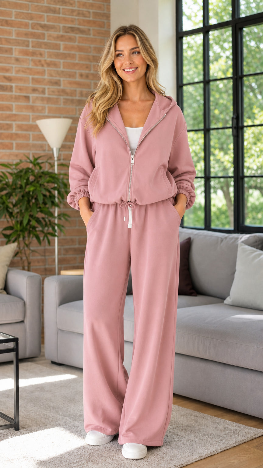 Model wearing dusty pink zip-up hoodie and wide-leg sweatpants set