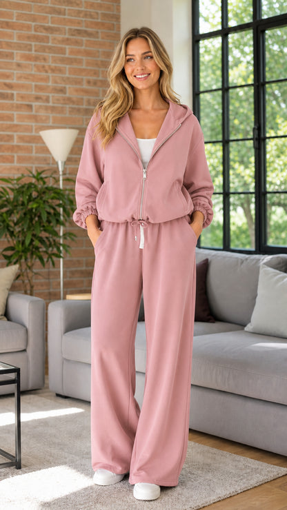 Model wearing dusty pink zip-up hoodie and wide-leg sweatpants set