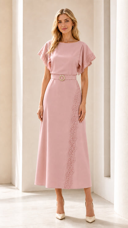 Front view of pink lace-trimmed midi dress