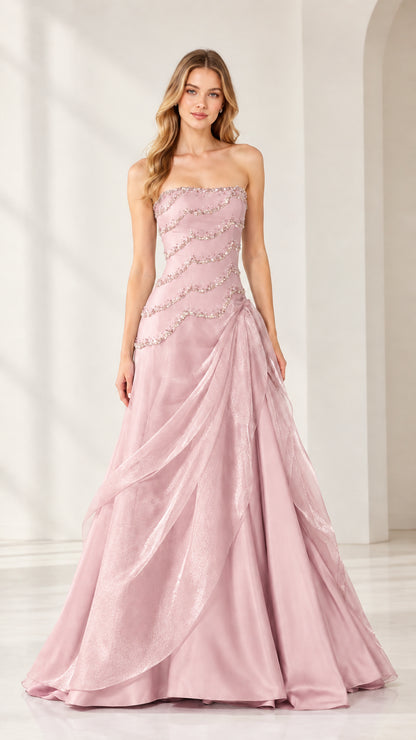 Full-length view of strapless beaded A-line formal gown in Blush Pink