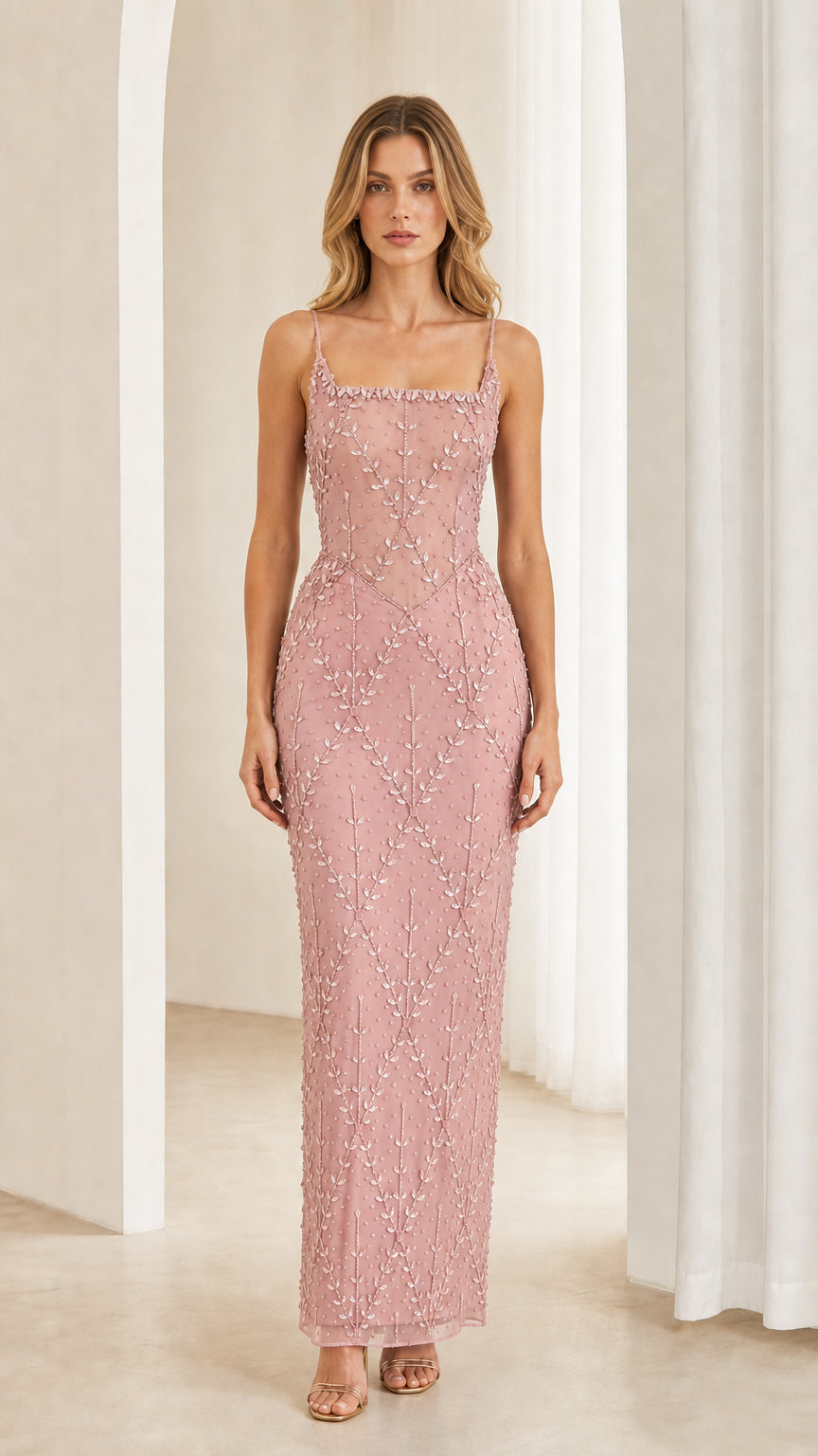 Front view of model wearing Dusty Pink beaded corset column dress