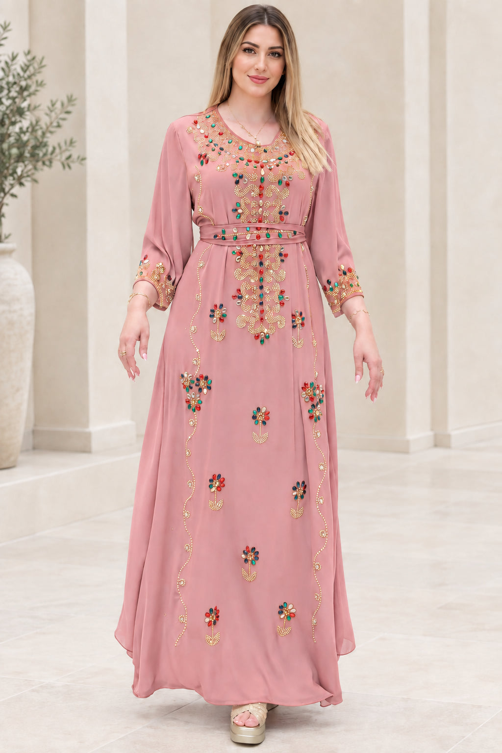 Front view of dusty pink embellished kaftan maxi dress with tie belt