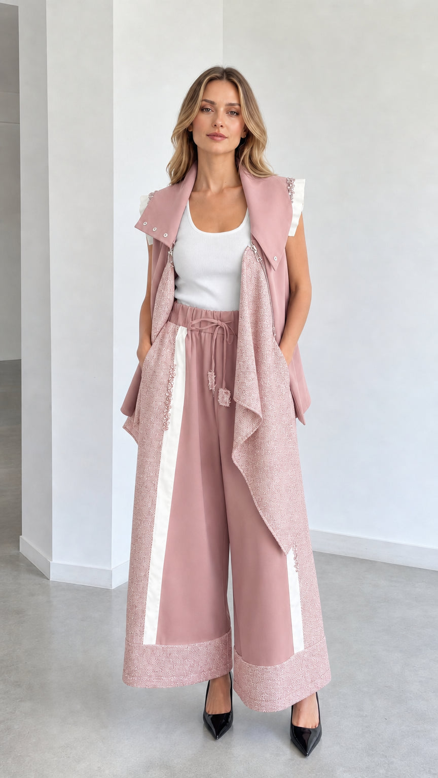 Dusty pink asymmetrical draped vest and wide-leg pants 2-piece set