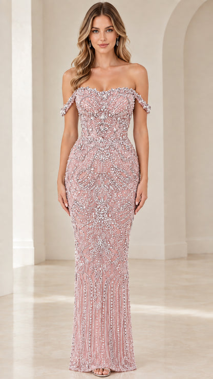 Full front view of Blush Pink off-the-shoulder beaded column formal dress