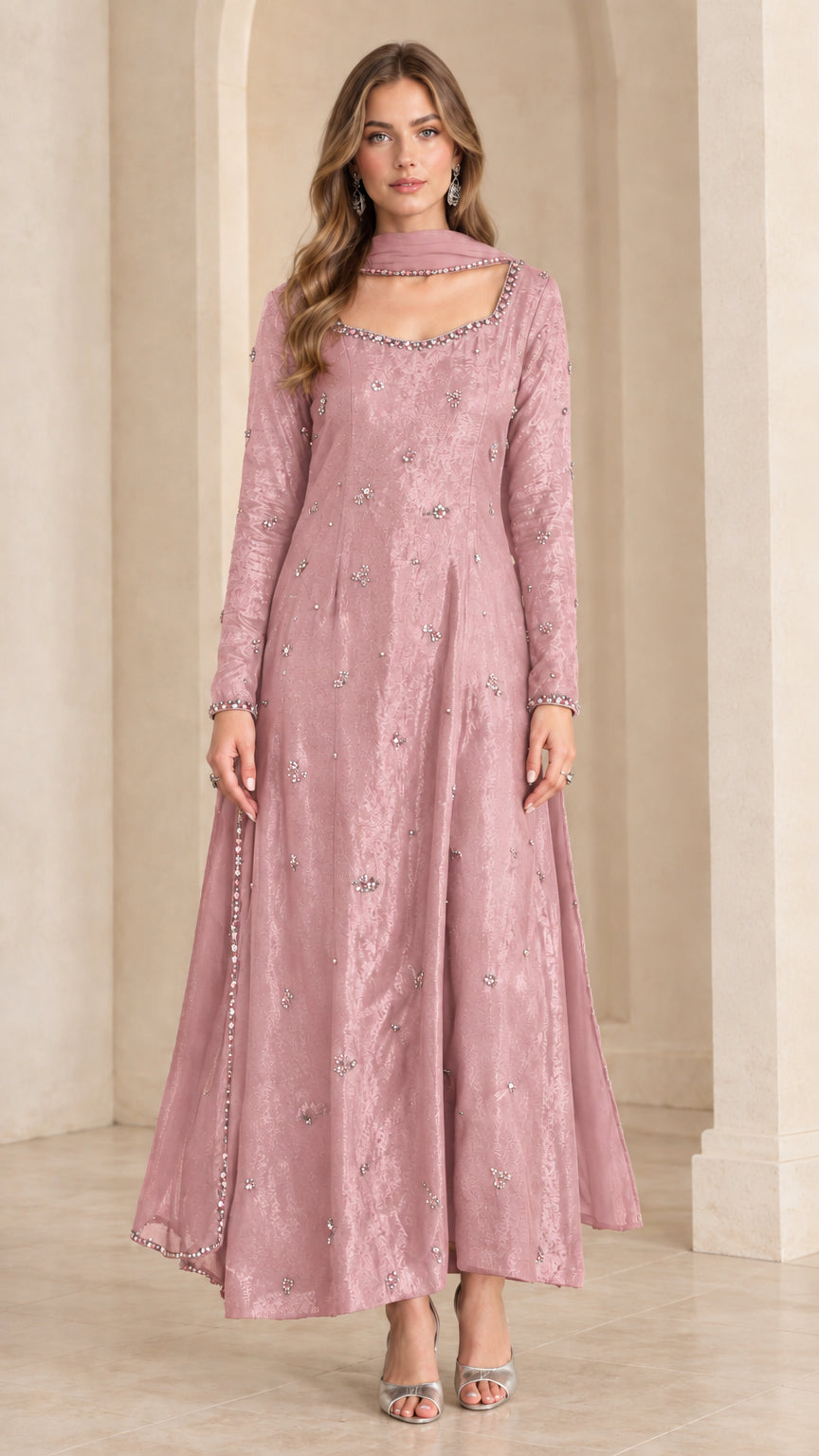 Dusty rose pink embellished long sleeve maxi Anarkali gown with matching scarf