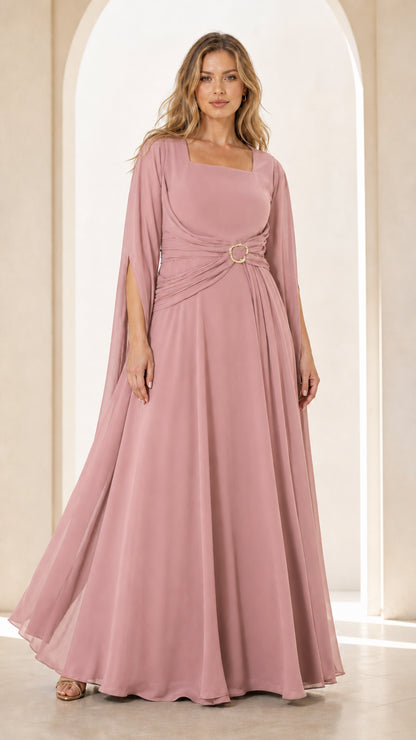Front view of Dusty Rose cape sleeve floor-length evening gown