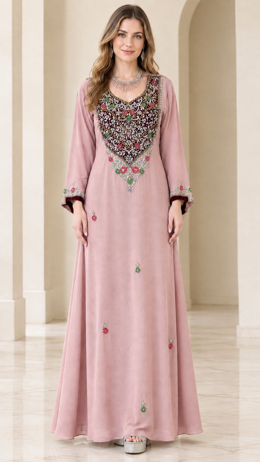 Front full view of dusty pink embroidered kaftan maxi dress