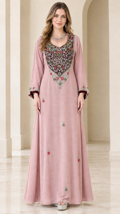 Front full view of dusty pink embroidered kaftan maxi dress