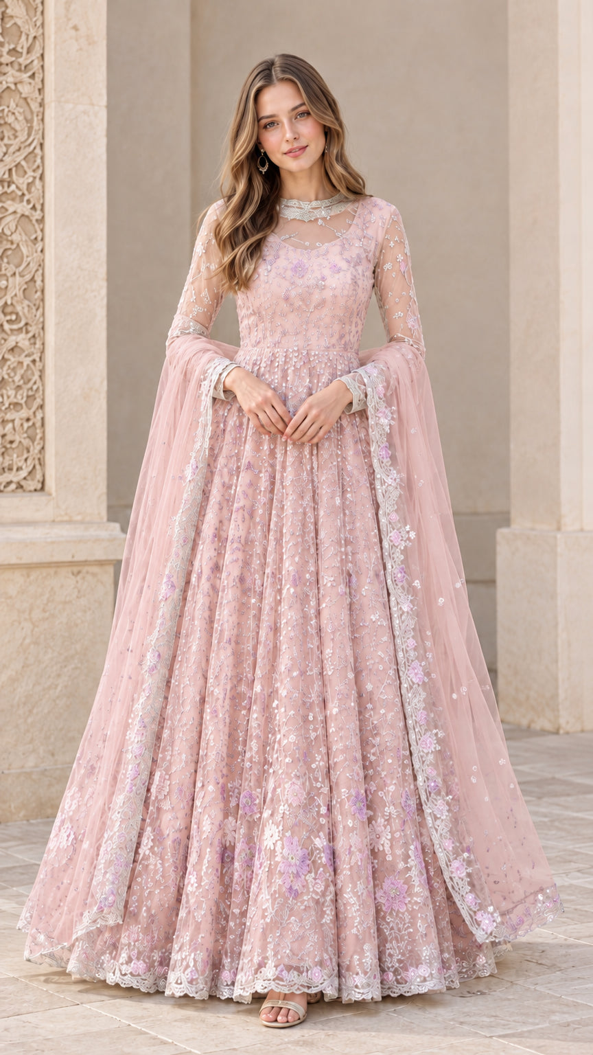 Dusty pink floral lace embroidered floor-length evening dress with dupatta