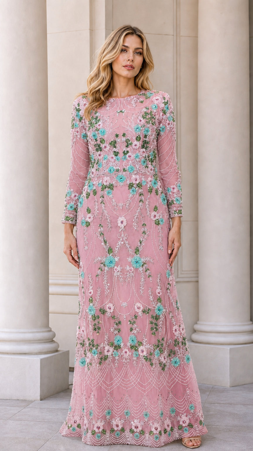 Blush pink floral beaded long sleeve evening maxi gown front view