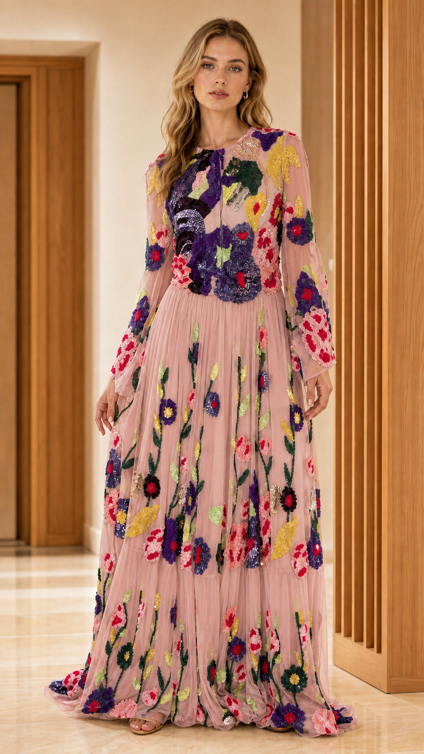 Dusty pink floral embroidered sequin long sleeve evening maxi dress