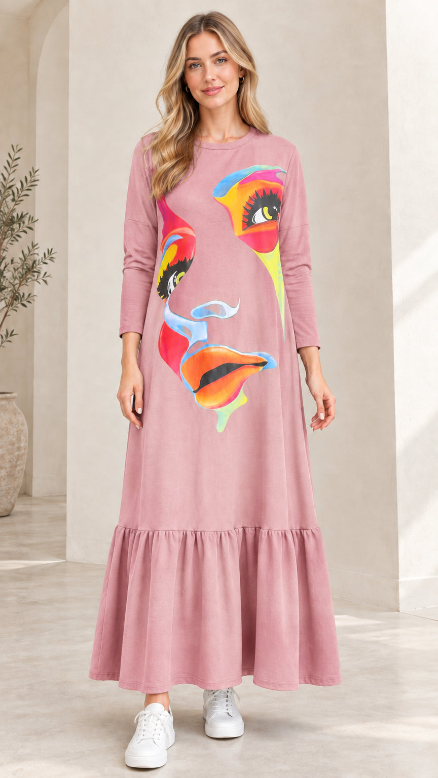 Full-length view of woman wearing Dusty Pink abstract graphic print tiered maxi dress