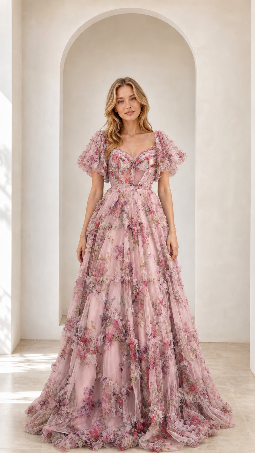 Full-length front view of dusty pink floral ruffled tulle corset evening gown