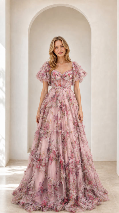 Full-length front view of dusty pink floral ruffled tulle corset evening gown