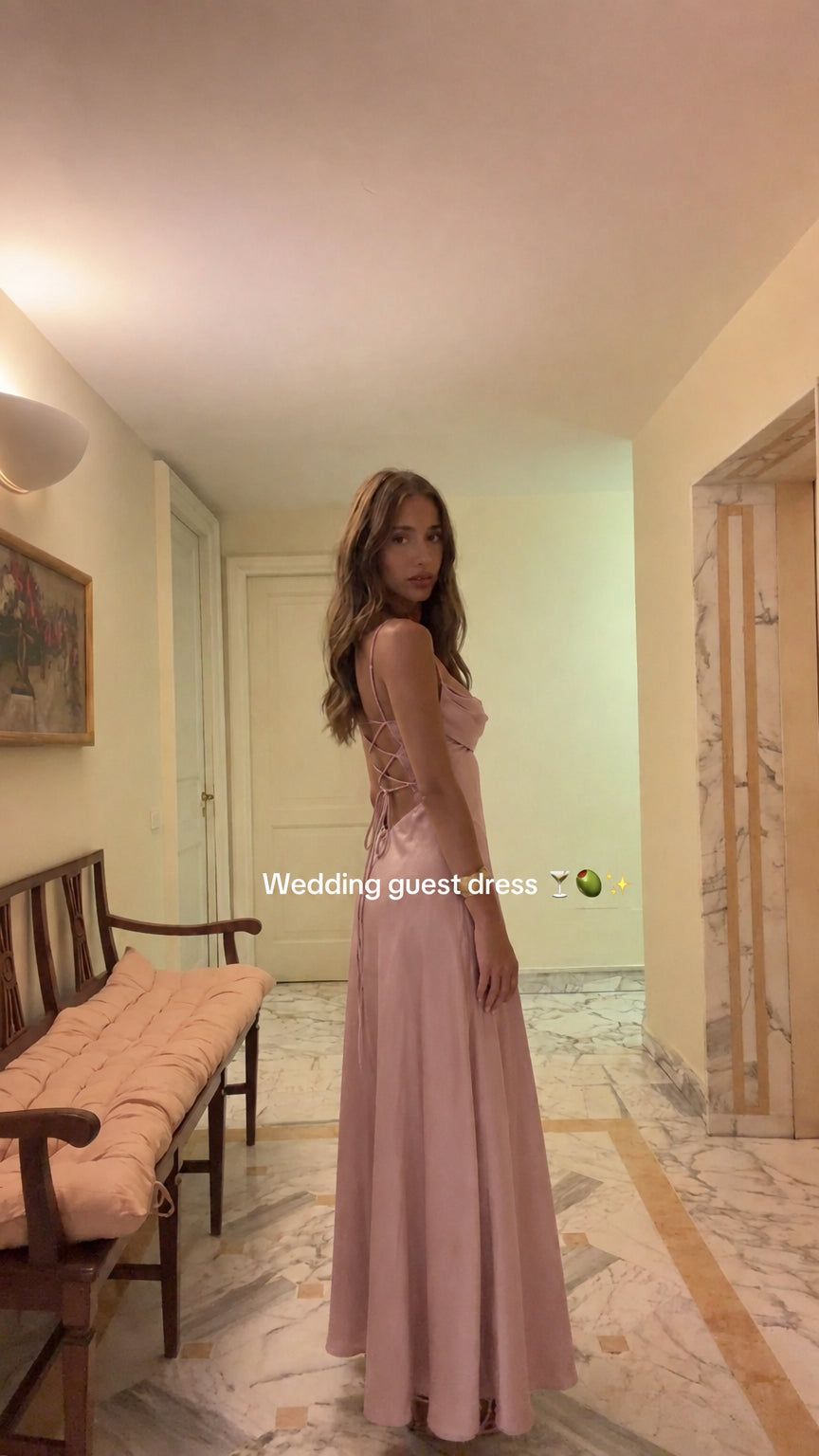 Model wearing Dusty Pink satin cowl neck lace-up back maxi gown