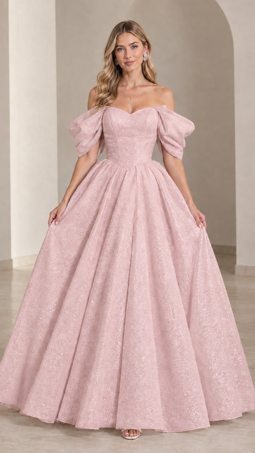 Blush pink shimmering off-the-shoulder formal ball gown